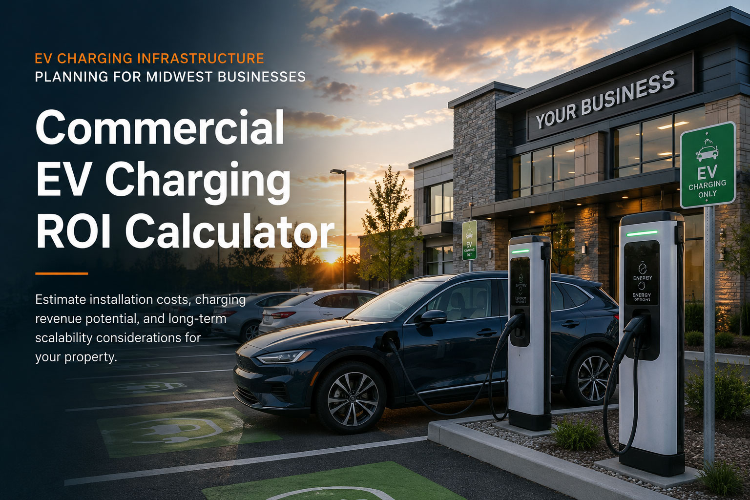 Commercial EV Charging ROI Calculator landing page banner showing EV charging stations outside a modern commercial building at sunset, representing EV infrastructure planning and ROI analysis for Midwest businesses.