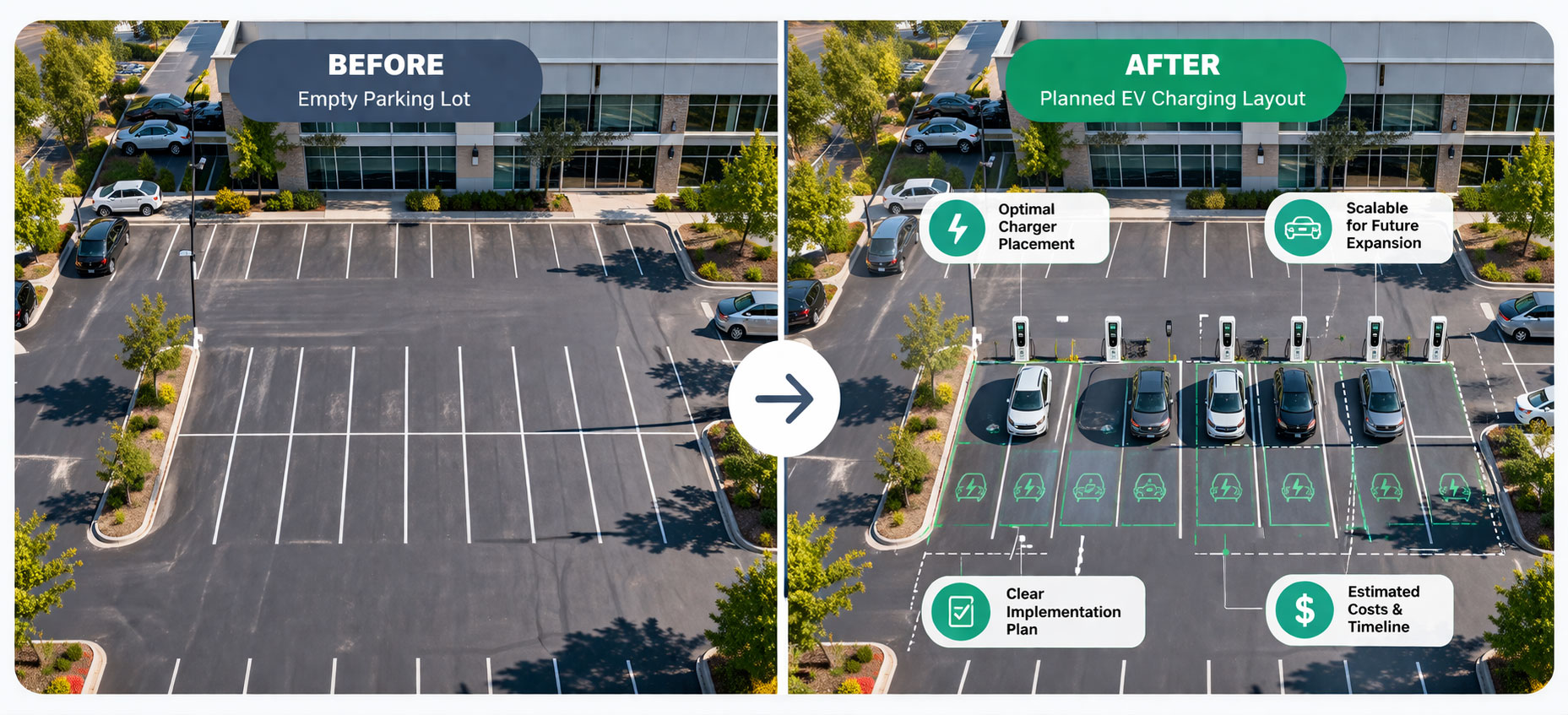 Before and after EV charging layout showing empty parking lot transformed into planned charger installation at commercial property