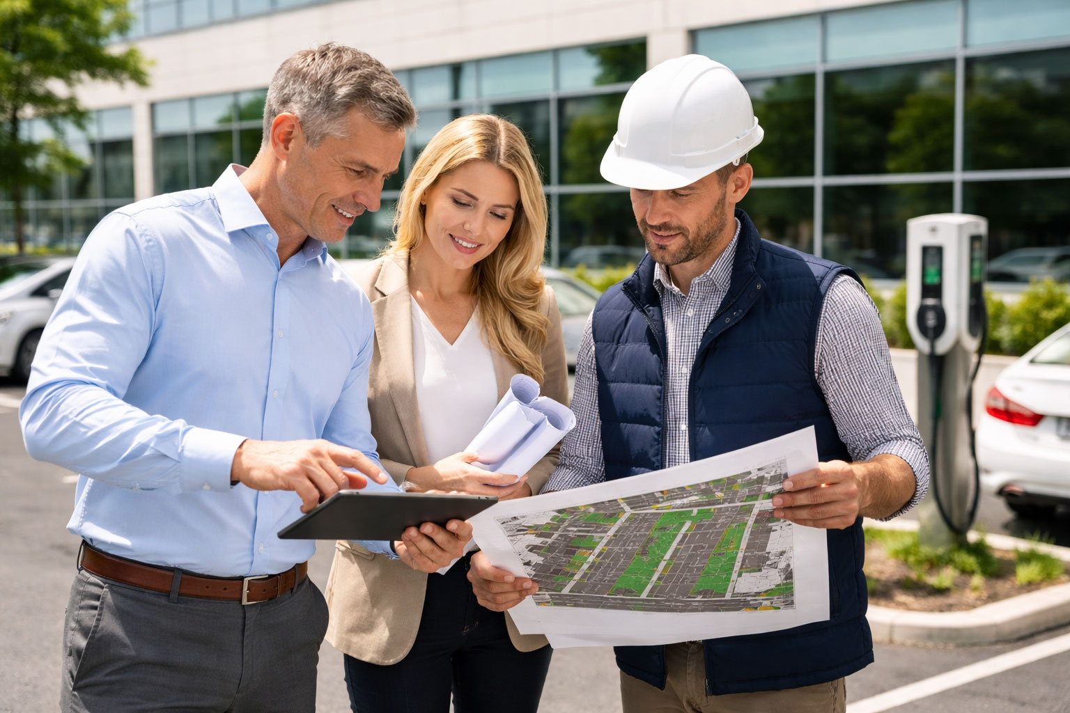 Property manager and technician reviewing EV charging site plans outside a commercial building with charging stations